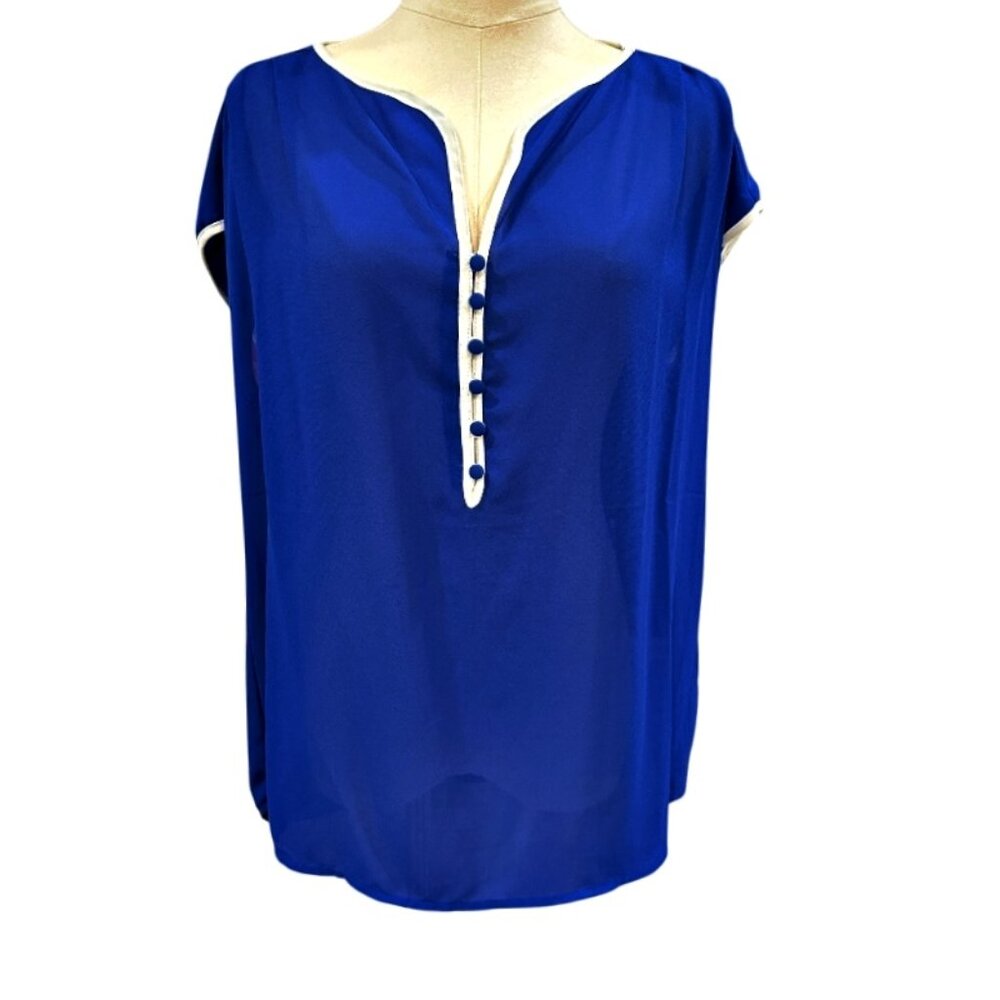 Spense Sheer Top Blouse Size L Royal Blue Cap Sleeve Preppy Nautical Classic